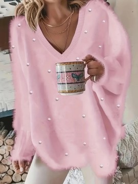 Plus Size - Women'S Asymmetrical V-Neck Geometric Sweater - Soft Pastel Winter Pullover with Trim, Cozy Casual Sweater for Everyday & Semi-Formal Outfits, Relaxed Fit Layering Piece, Easy-Care Durable Design