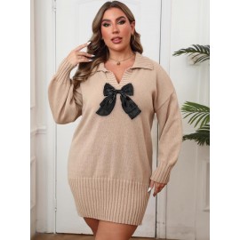 Plus Size, HERTALK Women's Plus Size Winter Dress - Elegant High Collar Sweater A-Line Dress with Bow Waist & Collar, Machine Washable Long Sleeve Party Wedding Guest Dress (Plus Size 12+) - Cozy Fall & Winter Outfits