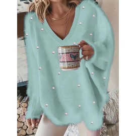 Plus Size, New Fall Winter Plus Size Women's V-Neck Beaded Sweater - Solid Color Top with Bead Accent Asymmetrical Collar, Cozy Winter Pullover for Casual & Dressy Outfits, Hand Washable (Immediate Shipment)
