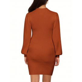 Plus Size - Pregnant Women Maternity Sweater Dress Turtleneck Puff Sleeve Slim Fit Bodycon Mini Dress