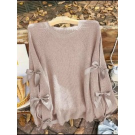 Plus Size, Two-piece plus-size retro sweet style, round-neck lantern sleeve bow sweater