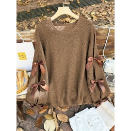 Plus Size, Two-piece plus-size retro sweet style, round-neck lantern sleeve bow sweater