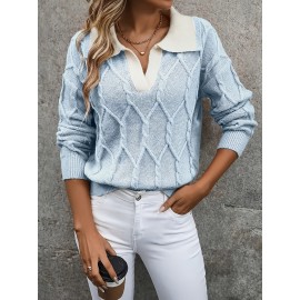 Plus Size - Plus Size Miye Sweater | Fall/Winter Color Block Turn- Collar Elegant Fashion Women'S Pullover Long Sleeve with Rib- Details