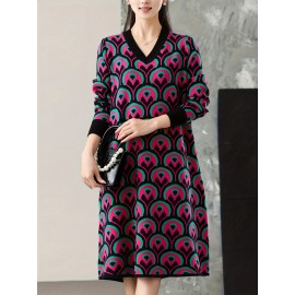 Plus Size - Plus Size Women'S V-Neck Sweater Dress | Mid-Length, Geometric Pattern, Stretchy Fabric, Regular Fit for Fall/Winter, Ideal for Office and Party Wear
