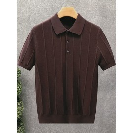 Luxury Knit Short Sleeve Polo Shirt for Men | Summer New Solid Color Lapel Collar Casual Tops, Button Details, Regular Fit