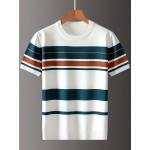 [Summer Striped T-Shirt] LVLAEA Men's Summer Striped Pullover T-Shirt | Short Sleeve, Crew Neck, Casual Rayon Blend, Rib-Knit, Slight Stretch, Fashionable Stripes, Everyday Wear, Regular Fit, Breathable, Skin-Friendly