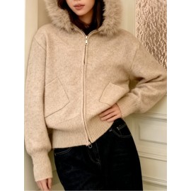 Women'S Korean Winter Jacket with Fur Collar - Loose Fit Hooded Coat, /All-Season Outerwear for Casual & Formal Events, Easy-Care Cardigan Sweater (Women'S Clothing)