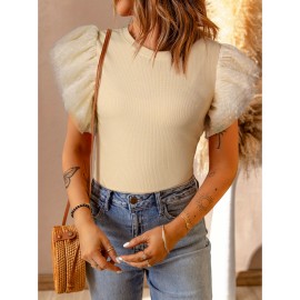 Women'S Apricot Dotted Mesh Ruffle Sleeve Top - Spring Summer Fall Casual to Semi-Formal Shirt, H-Line Silhouette with Round Neck & Breathable Mesh Back, Lightweight Stretchy Blouse for Beach Outfits, Brunch & Casual Attire, Versatile Layering Piece