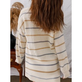 Women'S Multicolor Striped Round Neck Sweater Dress - Long Sleeve A-Line Mini Dress with Multicolor Horizontal Stripes (Pink/) | Spring/Fall Casual to Semi-Formal Outfits | Easy-Care Round Neck Design & Versatile Layering Piece