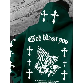 Men'S Christian Faith Hooded Sweatshirt with Prayer Hands & Cross Design - All-Season Casual Pullover, Machine Washable, Kangaroo Pocket & Drawstring Hood, Plus Size, Church Activities & Casual Attire