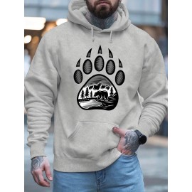 Plus-Size Men'S 3D Digital Print Bear Paw & Forest Graphic Hooded Sweatshirt - with Wildlife Design, Casual Long Sleeve Pullover, Regular Fit for Outdoor & Casual Attire, Nature-Inspired Men'S Fashion, Plus Size