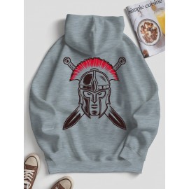 Spartan Men's Spartan Helmet and Spear Print Hooded Sweatshirt - Oversized Street Style Pullover in Beige with Red Spartan Print, Soft Warm Winter Top, Ideal Gift for History Enthusiasts, Casual Wear, Comfortable Clothing, Vintage Aesthetic, Durable