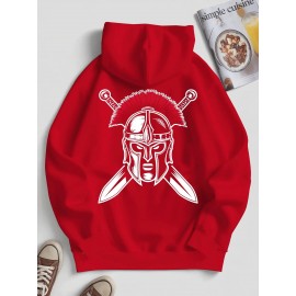 Spartan Men's Spartan Helmet and Spear Print Hooded Sweatshirt - Oversized Street Style Pullover in Beige with Red Spartan Print, Soft Warm Winter Top, Ideal Gift for History Enthusiasts, Casual Wear, Comfortable Clothing, Vintage Aesthetic, Durable