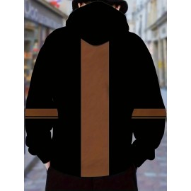 Men's Fleece-Lined Hooded Full-Zip Jacket - Winter Warmth Loose-Fit Windproof Sweatshirt, Machine Washable Gym Running Outdoor Sports Coat with Fleece, Black/Brown Casual Sportswear (No Bulk), PLUS SIZE